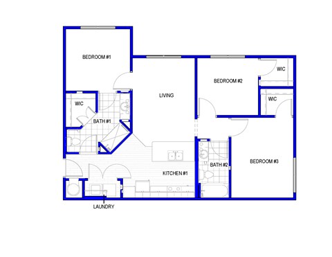 Floor plan for 3 beds, 2 baths, 1101 sqft